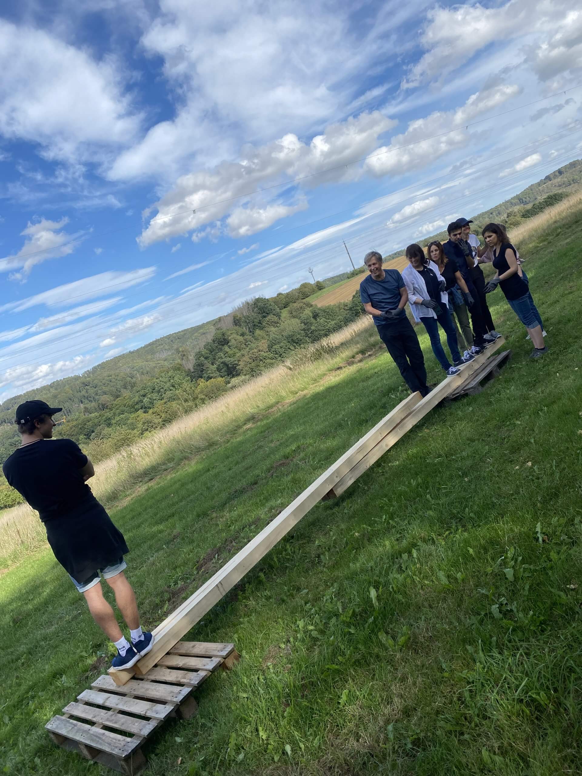 Eine Gruppe von Menschen balanciert auf einer grünen Wiese über Holzbalken.